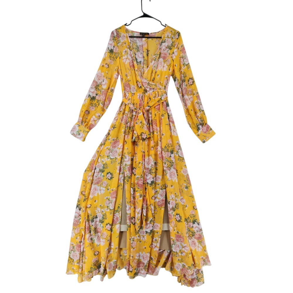 Petal Roz Maxi Dress M Fairy Whimsical Yellow Floral Faux‎ Wrap Long Sleeve Boho